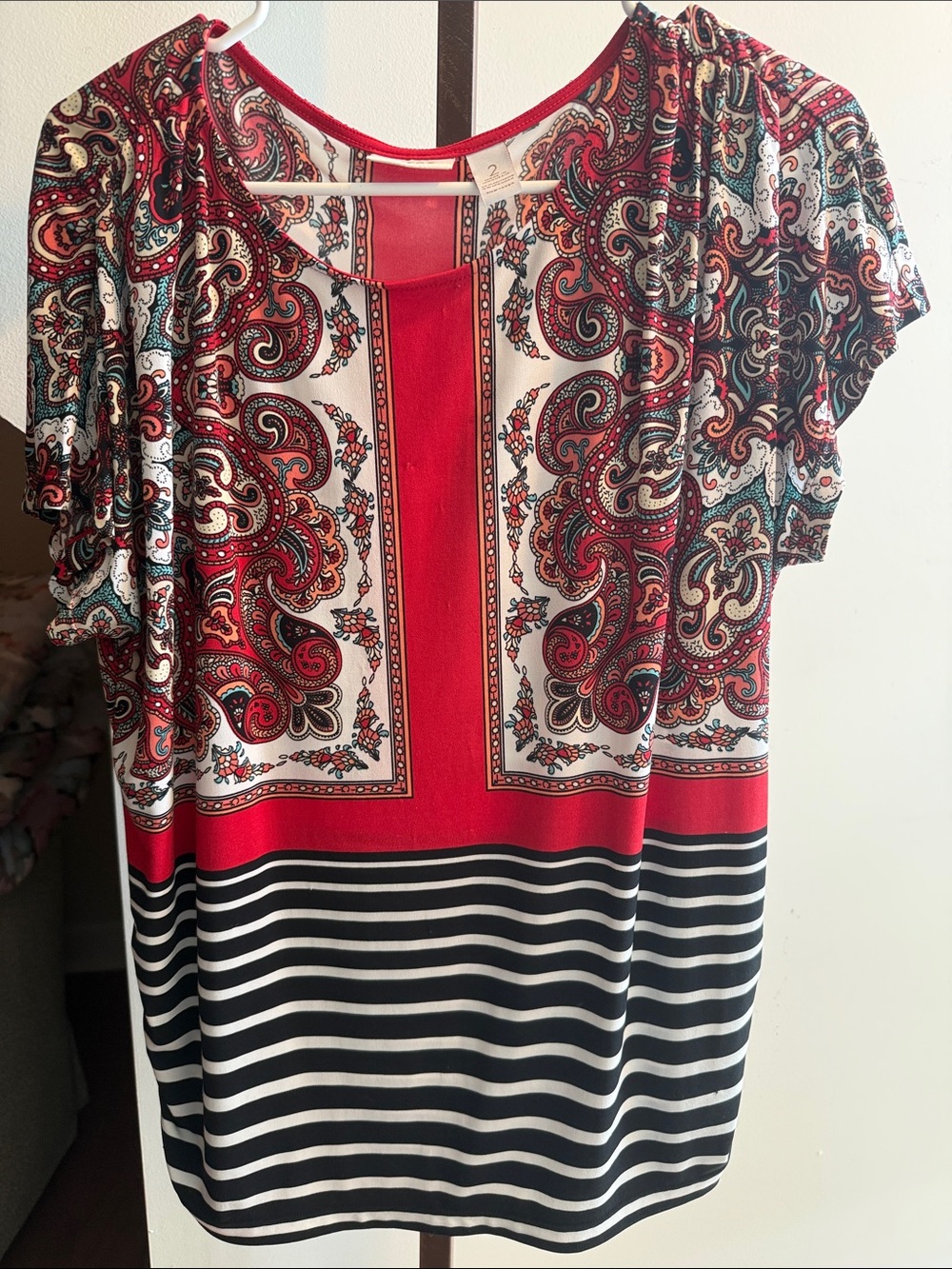 Chico's Red, Black & White Paisley Stripe Short-Sleeve Top